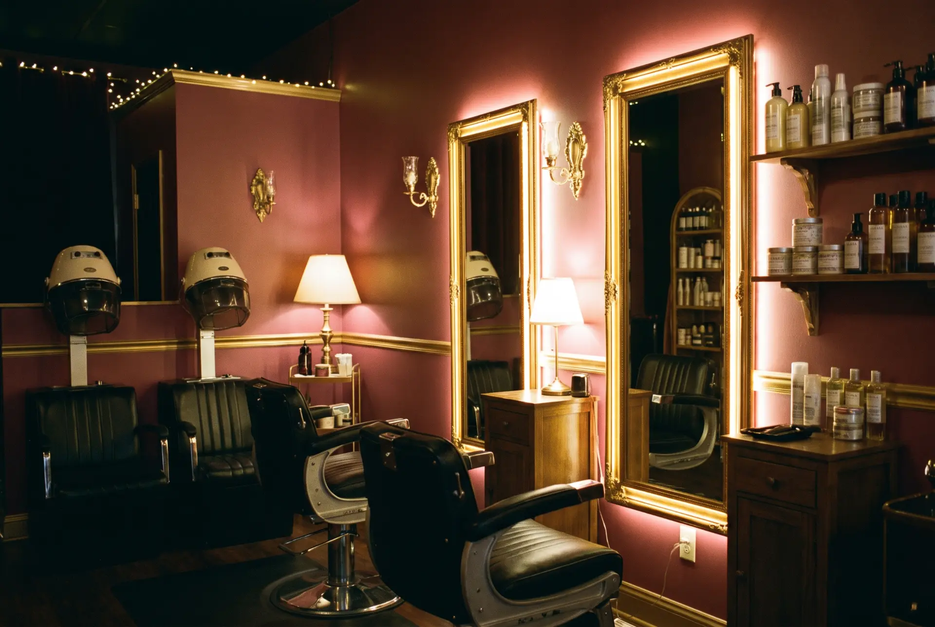 Interior del salón Bicoma con espejos dorados y productos