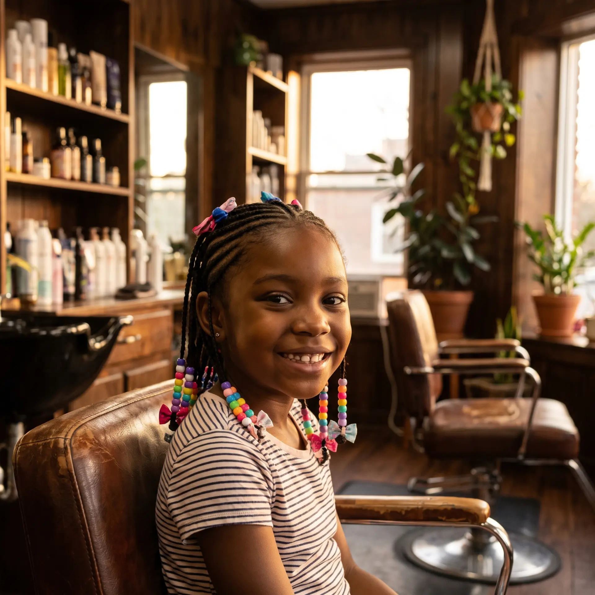Niña con trenzas y cuentas de colores
